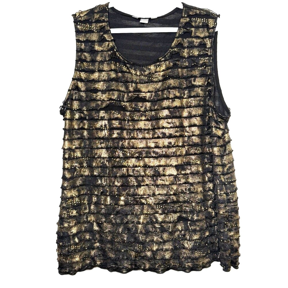 CJ Banks Plus 1X Black Gold Metallic Tiered Ruffle Sleeveless Party Top